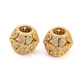 Rack Plating Brass Micro Pave Cubic Zirconia Europeam Beads, Large Hole Beads, Long-Lasting Plated, Cadmium Free & Lead Free, Barrel with Flower