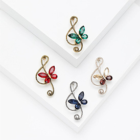 Alloy Rhinestone Safety Pin Brooch, Musical Note with Butterfly