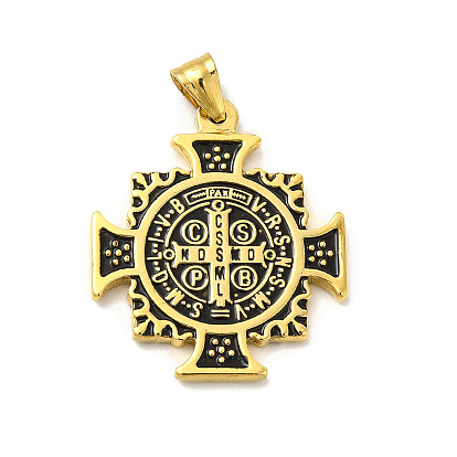 Ion Plating(IP) 304 Stainless Steel Religion Pendants, Saint Benedict of Nursia Maltese Cross Charms, with Black Enamel