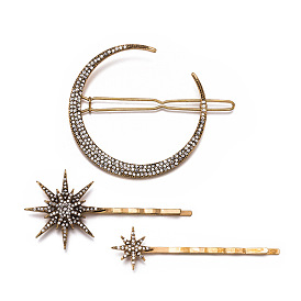 Vintage Geometric Inlaid Diamond Moon Snowflake Star Hair Clip Set - Retro and Western Style