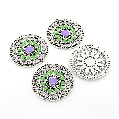 Antique Silver Plated Alloy Enamel Flat Round Pendants, Hollow, 55x52x2mm, Hole: 2mm