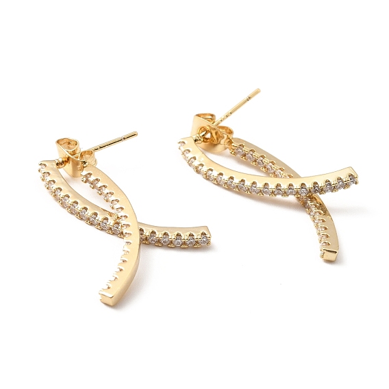 Boucles d'oreilles pendantes à double barre incurvée avec zircone cubique transparente, bijoux en laiton pour femmes, sans plomb et sans cadmium et sans nickel