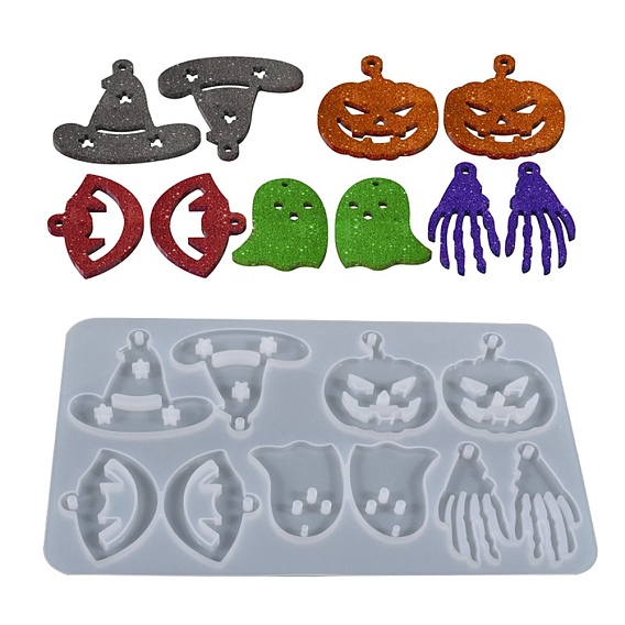 DIY Halloween Theme Pendant Silicone Molds, Resin Casting Molds, for UV Resin & Epoxy Resin Jewelry Making, Hand Skeleton, Witch Hat, Pumpkin, Ghost, Mouth