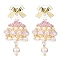Naturla Shell Pearl Bell with Alloy Bowknot Dangle Stud Earrings, Christmas Earrings with 925 Sterling Silver Pins