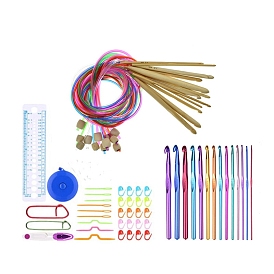 Ensembles d'outils de bricolage au crochet, y compris les aiguilles de crochet en bambou, règle, ciseaux, outils de fil en plastique et aiguilles à tricoter et marqueur de point de verrouillage, porte-points en aluminium et aiguilles pour crochets