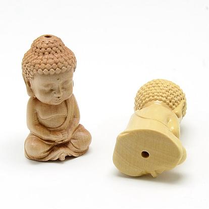 Boîte non teinte sculptée perles en bois naturel, Bouddha
