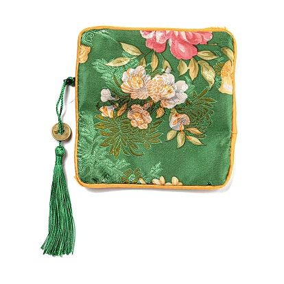 Chinese Style Floral Cloth Jewelry Storage Zipper Pouches, Square Jewelry Gift Case with Tassel, for Bracelets, Earrings, Rings, Random Pattern