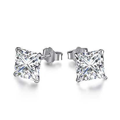 925 Sterling Silver Micro Pave Cubic Zirconia Stud Earrings for Women, with S925 Stamp, Square