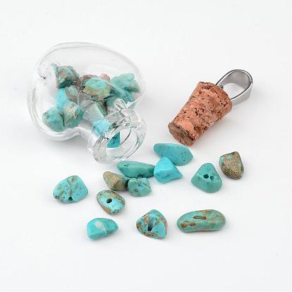 Botella de cristal del corazón con la piedra preciosa en el interior colgantes, con 304 fornituras de acero inoxidable, 31x22x11 mm, agujero: 7x4 mm