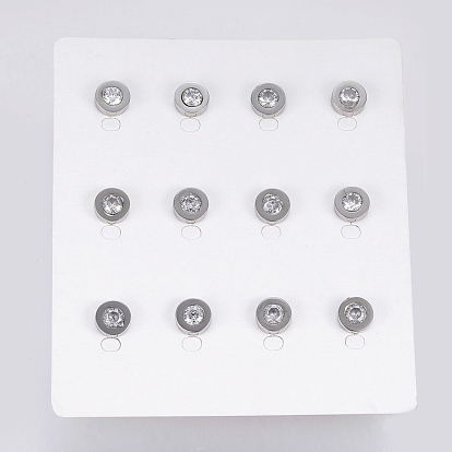 304 Stainless Steel Stud Earrings, with Cubic Zirconia, Flat Round