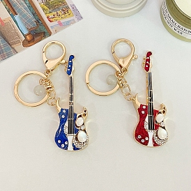 Rhinestone Guitar Pendant Keychain, with Alloy Findings