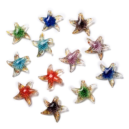 Handmade Lampwork Pendants, Starfish/Sea Stars, Mixed Color, 42x47x13mm, hole: 7mm