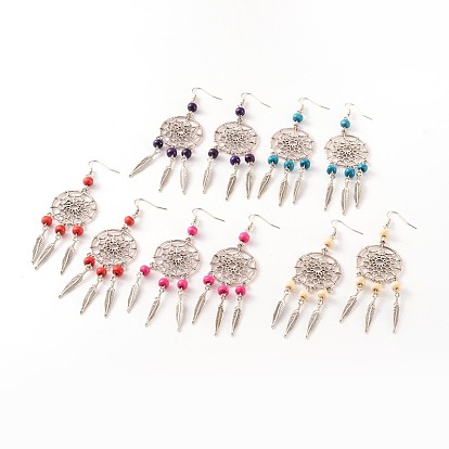 Alliage boucles d'oreilles chandelier, avec des perles en bois et des crochets de boucles d'oreilles en laiton, 100 mm, broches: 0.7 mm