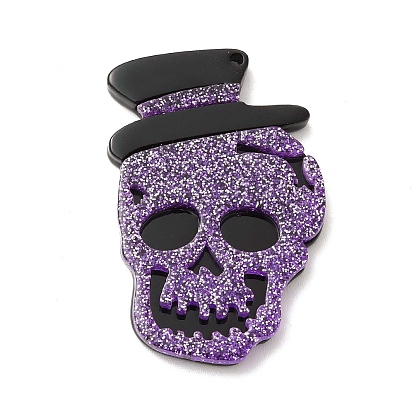 Halloween Acrylic Pendants,  with Sequins, Skull with Hat Charm