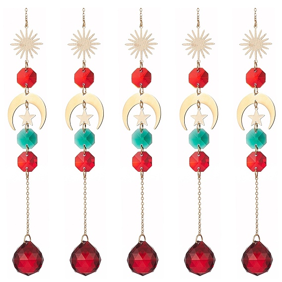 Glass Teardrop & Octagon Window Hanging Suncatchers, Brass Sun & Moon & Star Pendants Decorations, Christmas Theme Ornaments