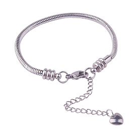 304 Stainless Steel European Snake Chains Bracelets, with Lobster Claw Clasp and Heart Charms