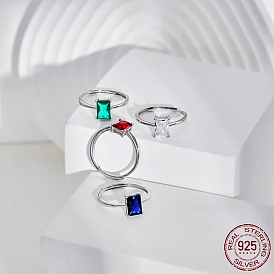 925 Sterling Silver Adjustable Rings, Birthstone Ring, with Cubic Zirconia Rectangle for Women, Real Platinum Plated
