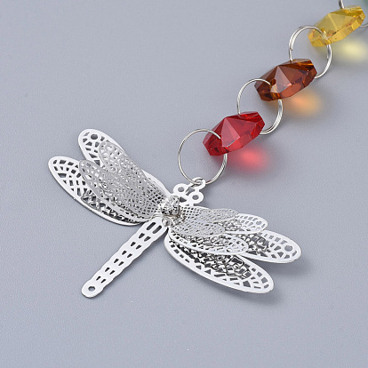 Lustre suncatchers prismes pendentif en verre octogon chakra suspendu, avec pendentif en fer libellule et chaîne câble, facette