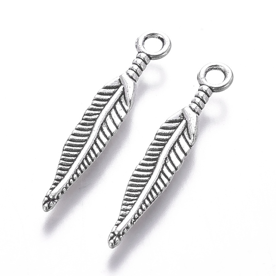 Tibetan Style Alloy Pendants, Lead Free and Cadmium Free, Feather, 5mm wide, 29mm long, hole: 2mm