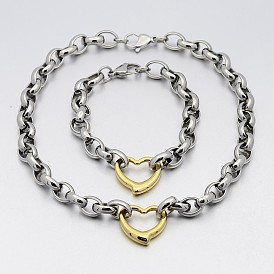 Deux 304 Rolo croix ensembles de bijoux de la chaîne en acier inoxydable de tonalité, collier et bracelet, fermoirs pince de homard et des liens à cœur ouvert