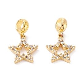 Brass Cubic Zirconia European Dangle Charms, Largr Hole Pendants, Long-Lasting Plated, Real 18K Gold Plated, Star