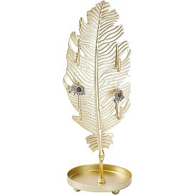Ohrringständer aus Eisen mit rundem Tablett, Ohrring-Organizer-Halter-Ornament, golden, Feder-/Blattmuster