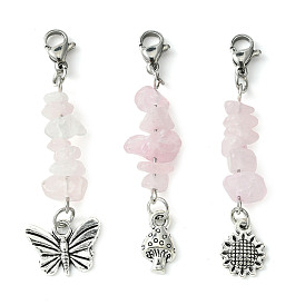 Natural Rose Quartz Chip Pendant Decorations, with Lobster Claw Clasps and Tibetan Style Alloy Charms, Butterfly/Mushroom/Sunflower