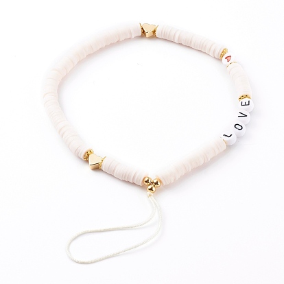 Sangles mobiles heishi en pâte polymère, bijoux de téléphone, avec des perles en émail acrylique et des perles en laiton, mot d'amour, or