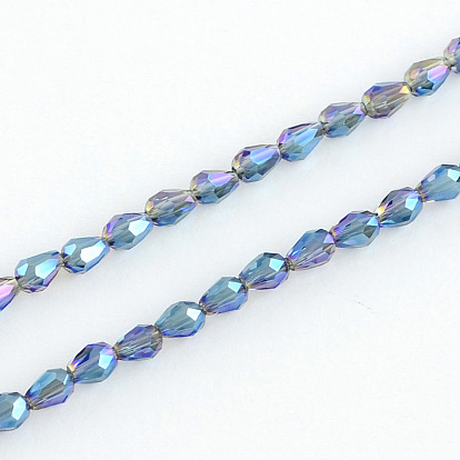 Electroplated Glass Bead Strands, Rainbow Plated, Faceted, Drop, 4~5x3~3.5mm, Hole: 1mm, about 100pcs/strand, 18.1 inch