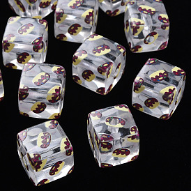 Transparent Printed Acrylic Beads, Square with Cake Pattern