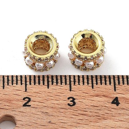 Rack Plating Brass Micro Pave Cubic Zirconia European Beads, with Plastic Imitation Pearl, Cadmium Free & Lead Free, Long-Lasting Plated, Large Hole Beads, Column