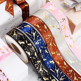 25 Yards Gold Stamping Polyester Marble Print Ribbons, Garment Accessories, Gift Wrapping Ribbon