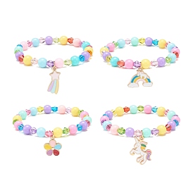 Colorful Acrylic Beaded Stretch Bracelet with Alloy Enamel Charms for Women