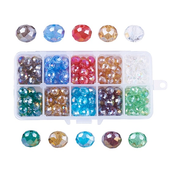 10 Colors Electroplate Glass Beads Strands, AB Color Plated, Faceted, Rondelle