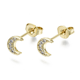 Brass Micro Pave Clear Cubic Zirconia Stud Earrings, with Ear Nuts, Nickel Free, Moon