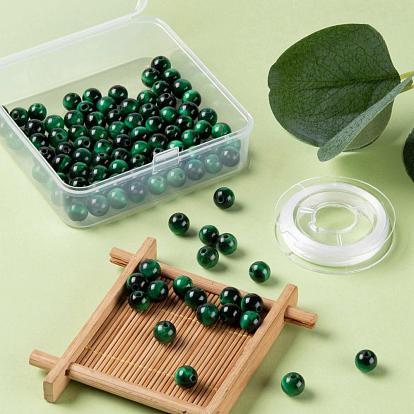 100 pcs 8 mm perles rondes en oeil de tigre vert naturel, avec fil de cristal élastique 10m, pour les kits de fabrication de bracelets extensibles bricolage