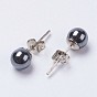 Brass Ear Studs, Ball Stud Earrings, with Non-magnetic Synthetic Hematite Beads