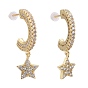 Brass Micro Pave Clear Cubic Zirconia Stud Earrings, Half Hoop Earrings, with Plastic Ear Nut, Long-Lasting Plated, Star