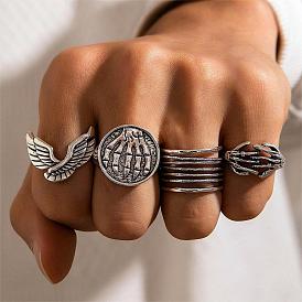 4Pcs 4 Style Tibetan Style Alloy Finger Ring Sets, Gothic Stackable Rings, Skull & Wings