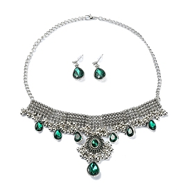 Conjunto de joyas con forma de lágrima y diamantes de imitación, collar de babero de aleación y aretes colgantes