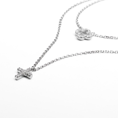 Tinysand cz ювелирные изделия 925 стерлингового серебра кубический цирконий крест кулон два яруса ожерелья, 21 дюйм &17 дюйм