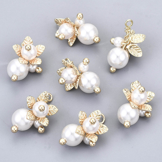Pendentifs en plastique imitation perle abs, avec de véritables 18 k pièces en laiton plaqué or, fleur