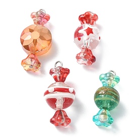 4pcs 4 pendentifs en verre et au chalumeau de style, avec 304 accessoires en acier inoxydable, charmes de bonbons