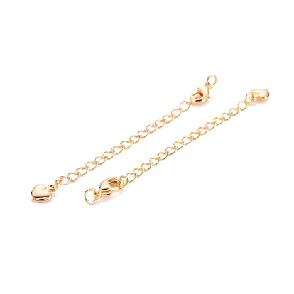 Brass Chain Extender, with Curb Chains and Heart Charms & Lobster Claw Clasps, Nickel Free