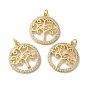 Rack Plating Brass Micro Pave Clear Cubic Zirconia Pendants, with Jump Ring, Long-Lasting Plated, Lead Free & Cadmium Free, Round Ring with Tree Charm
