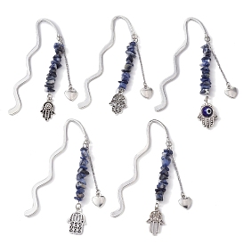 Natural Sodalite Beads Bookmarks, Hamsa Hand Alloy Charms Bookmarker