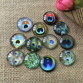 K5 Glass Cabochons, Half Round with Peacock Feather Pattern