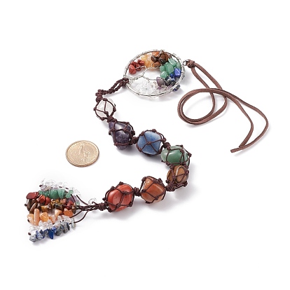 Chakra Natural Mixed Gemstone Woven Pendant Decorations, with Brass Linking Rings & Faux Suede Cord, Tree of Life