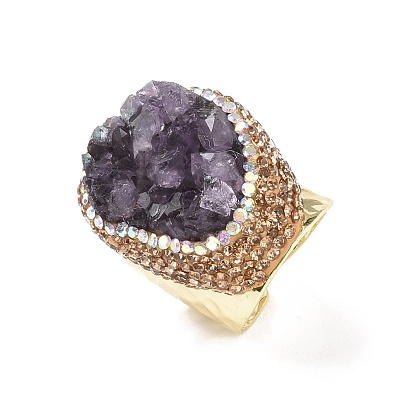 Natural Amethyst Druzy Open Cuff Ring with Rhinestone, Light Gold Plated Brass Wide Ring for Men Women, Cadmium Free & Lead Free