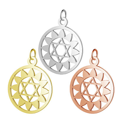 304 Stainless Steel Pendants, Chakra, Anahata, for Jewish, Flat Round with Flower & Star of David